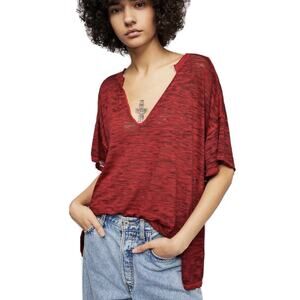 We The Free Red Heathered V-neck Tee T-Shirt Loungewear Oversized Women's Small